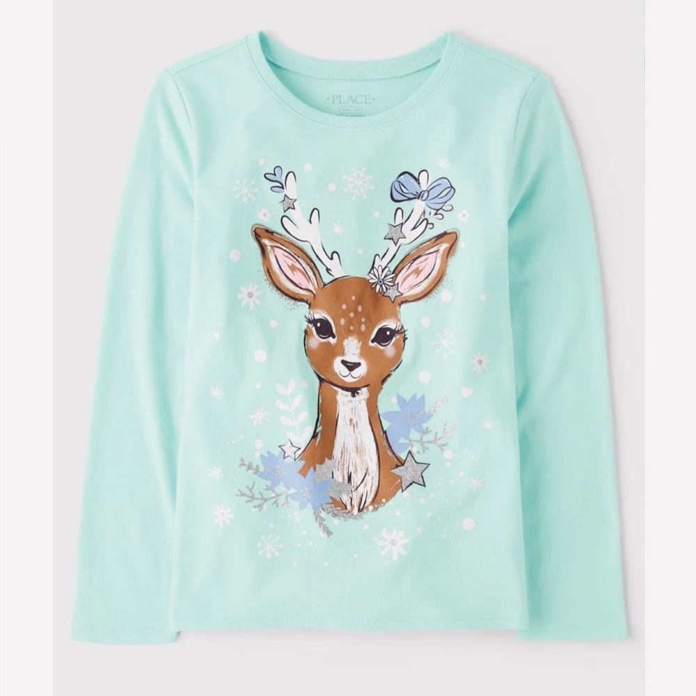 NWOT, Girl’s Winter Deer Graphic Long Sleeve with Glitter, Blue, Size 10/12